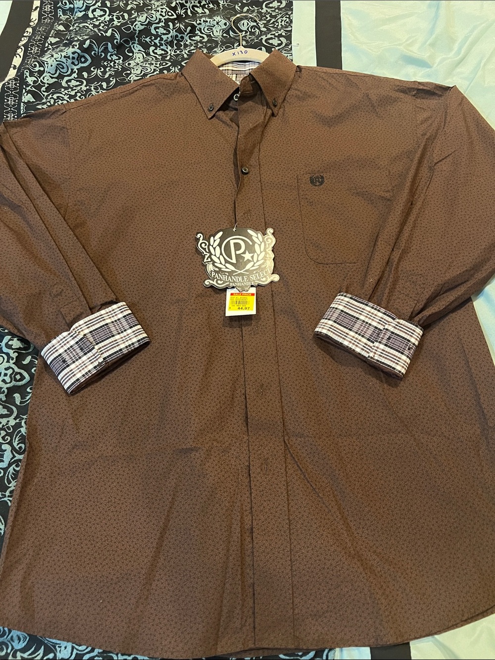 Panhandle Slim Brown Long-Sleeve Button-Down Shirt with Plaid Cuffs
